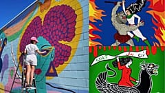 Ghazaleh Rastgar painting a mural in Red Deer, Canada (left). Images of two of her illustrations for the Iranian revolution.