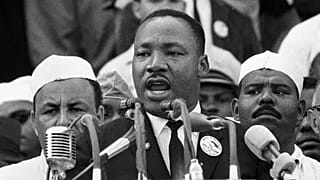 MLK addresses marchers during his "I Have a Dream," speech at the Lincoln Memorial in Washington, Aug. 28, 1963. 