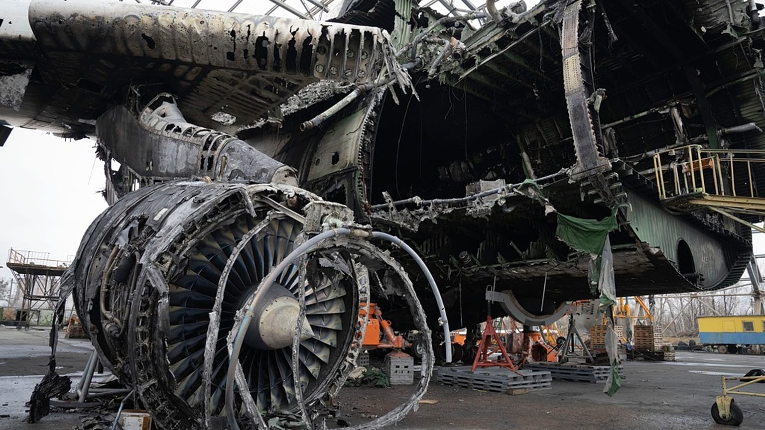 The gutted remains of the Antonov An-225, the world's biggest cargo aircraft, destroyed during fighting between Russian and Ukrainian forces, are seen in Hostomel.