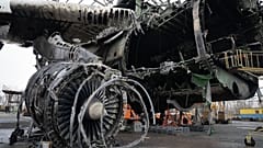 The gutted remains of the Antonov An-225, the world's biggest cargo aircraft, destroyed during fighting between Russian and Ukrainian forces, are seen in Hostomel.