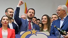 Jakov Milatovic, leader of the Europe Now movement, celebrates in his headquarters in Montenegro's capital Podgorica
