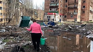 A damaged high-rise building in Kostyantynivka, Ukraine, April 2, 2023
