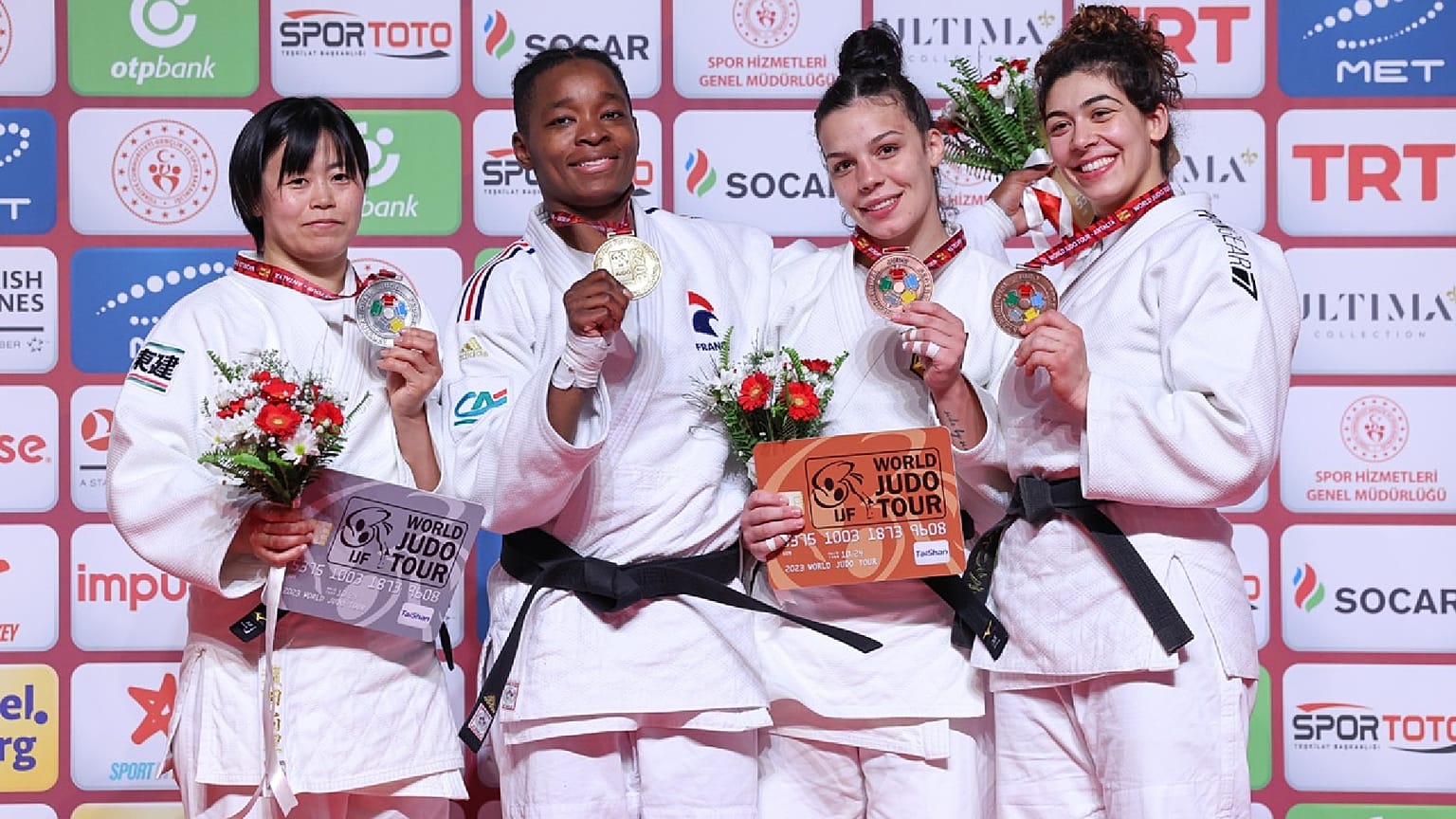 Podium des -78 kg lors du Grand Slam d'Antalya, en Turquie, dimanche 2 avril 2023.