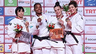 Podium des -78 kg lors du Grand Slam d'Antalya, en Turquie, dimanche 2 avril 2023.