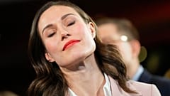 Finnish Prime Minister Sanna Marin, Social Democratic Party chair reacts as she watches results of parliamentary election in Helsinki, Finland, Sunday, April 2, 2023.