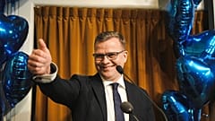 The National Coalition Chairman Petteri Orpo gives speaks to supporters at the party's parliamentary election party, 2 April 2023