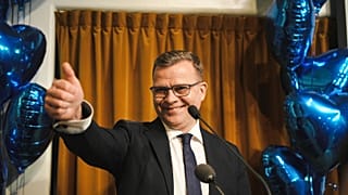The National Coalition Chairman Petteri Orpo gives speaks to supporters at the party's parliamentary election party, 2 April 2023