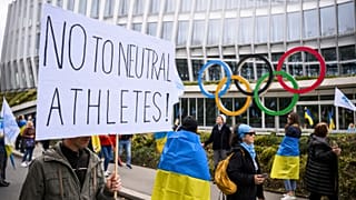 Protest in front of the IOC headquarters, in Lausanne, Switzerland, Saturday, March 25, 2023. 