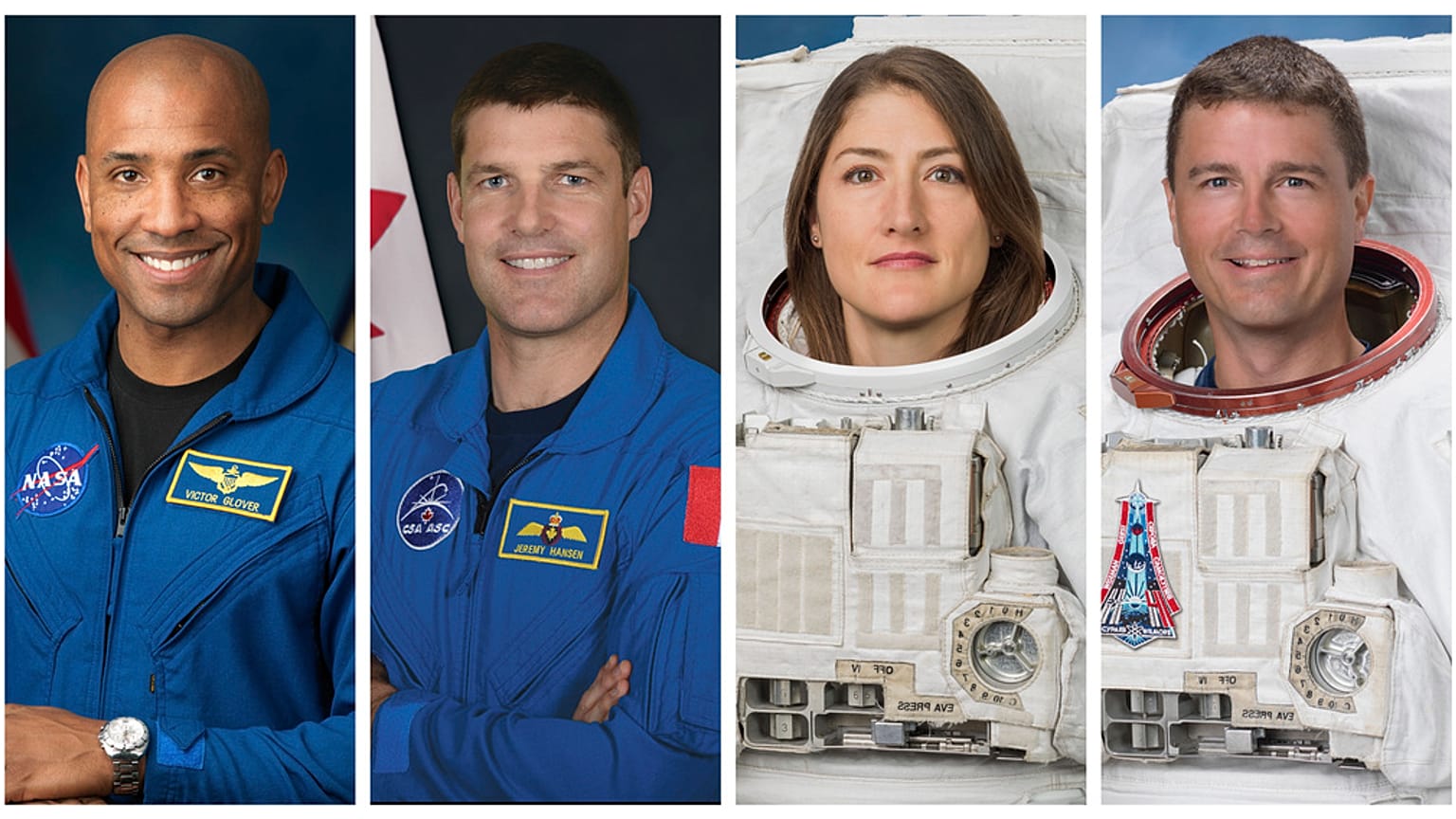 De izquierda a derecha, los astronautas Victor Glover, Jeremy Hansen, Christina Koch y Reid Wiseman de la misión Artemis II