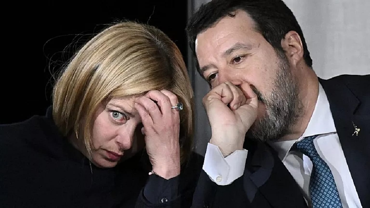 Italy's Prime Minister, Giorgia Meloni and Italy's Deputy Prime Minister and Minister of Infrastructure, Matteo Salvini talk during a press conference on March 9, 2023.   -