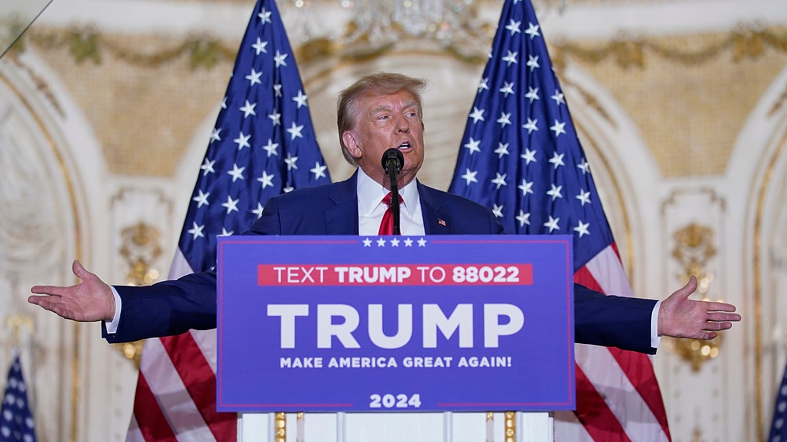 Former President Donald Trump speaks at his Mar-a-Lago estate Tuesday, April 4, 2023, in Palm Beach.