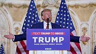 Former President Donald Trump speaks at his Mar-a-Lago estate Tuesday, April 4, 2023, in Palm Beach.