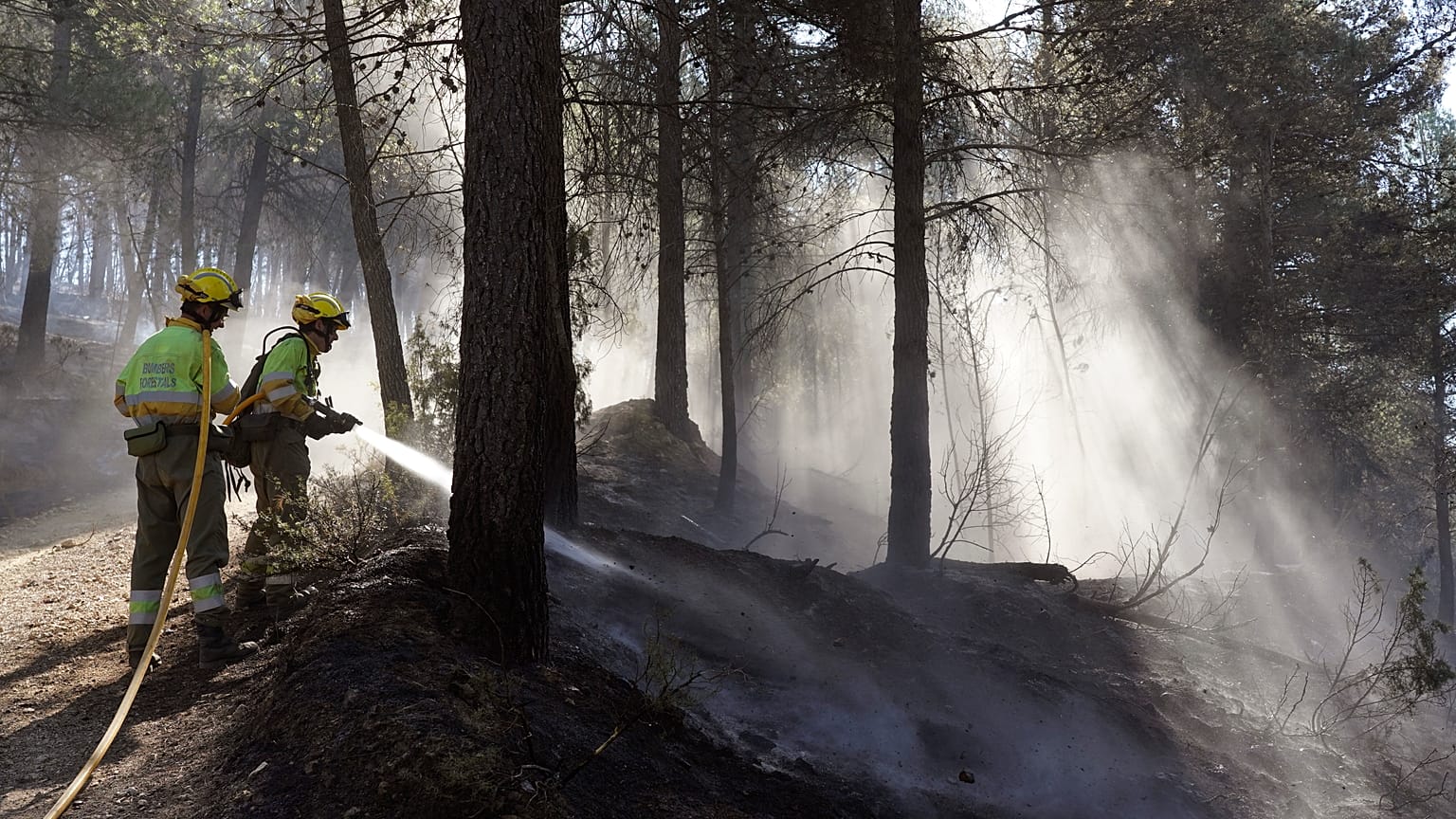 Des pompiers éteignent des feux de forêt en Espagne. 