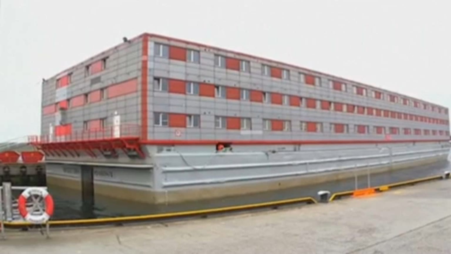  Pan right the "BibBibby Stockholm, the barge where the British government plans to thouse around 500 asylum seekers