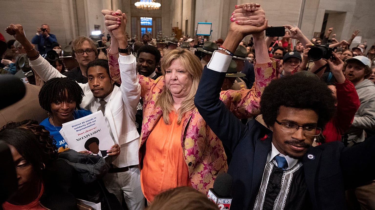 Justin Jones, Gloria Johnson and Justin Pearson outside the House chamber in Nashville, April 6, 2023