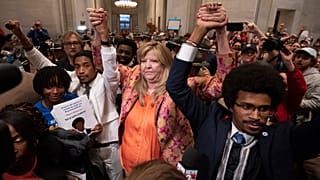 Justin Jones, Gloria Johnson and Justin Pearson outside the House chamber in Nashville, April 6, 2023