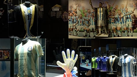 The exhibition has 3 replicas of the golden trophy, and replicas of the shirts worn by team captains Daniel Passarella, Diego Maradona, and Lionel Messi.