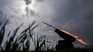 A Ukrainian MSLR BM-21 "Grad" fires towards Russian positions, at the frontline in Donetsk region, Ukraine, on Saturday, April 8, 2023.