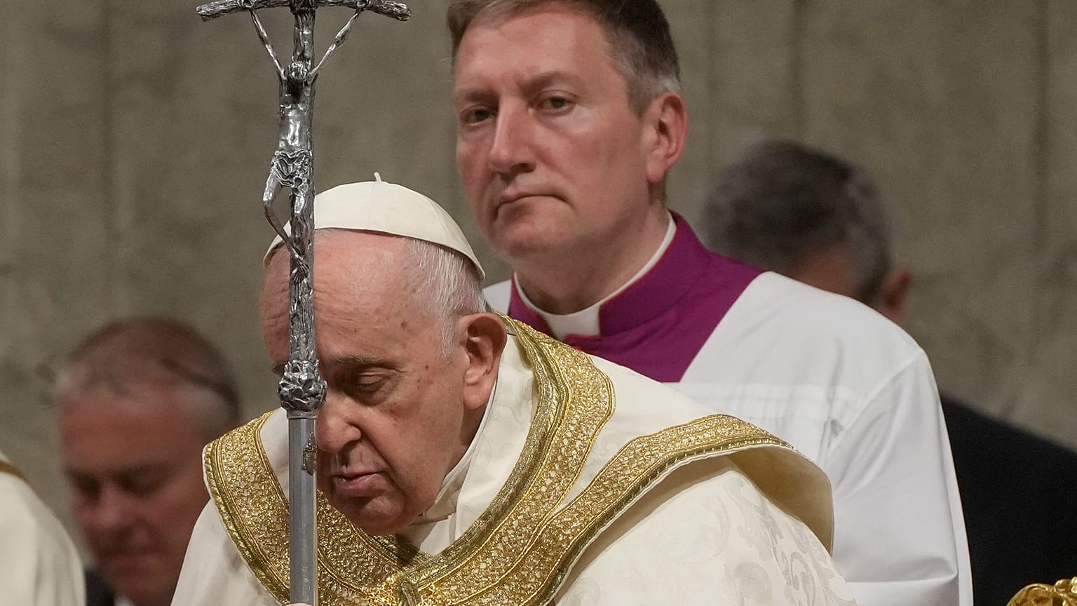 Pope Francis presides over a Easter vigil ceremony in St Peter's Basilica at the Vatican, Saturday, April 8, 2023. 