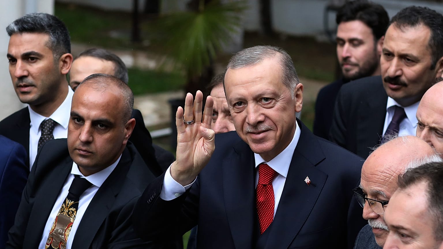 Recep Tayyip Erdogan arrives to meet with Muhammed Ali Fatih Erbakan, leader of The New Welfare Party, an Islamist political party, in Ankara. 