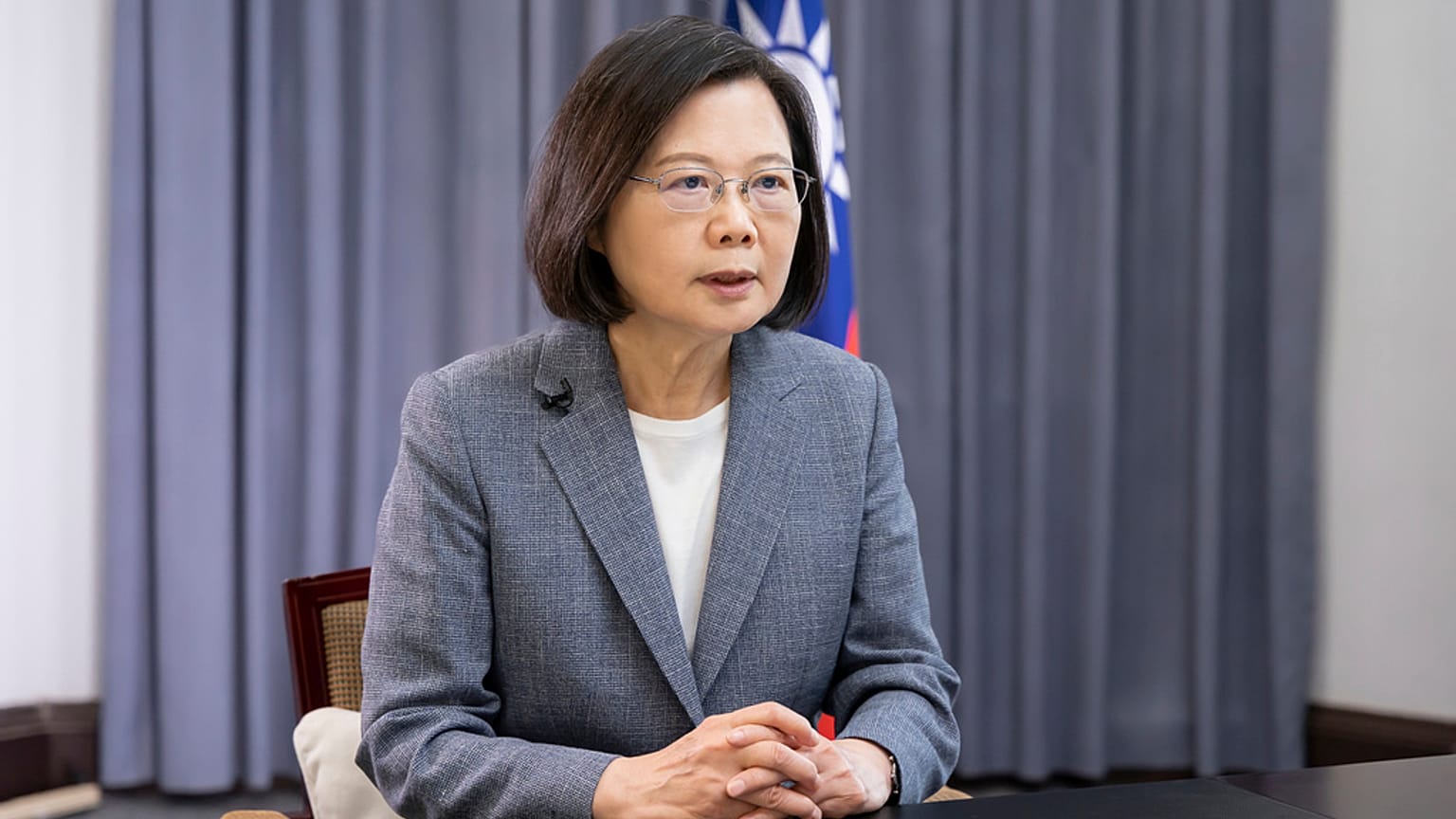In this photo released by the Taiwan Presidential Office, Taiwan's President Tsai Ing-wen speaks about recent Chinese military drills in Taipei, Taiwan on April 11, 2023.