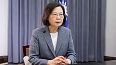 In this photo released by the Taiwan Presidential Office, Taiwan's President Tsai Ing-wen speaks about recent Chinese military drills in Taipei, Taiwan on April 11, 2023.