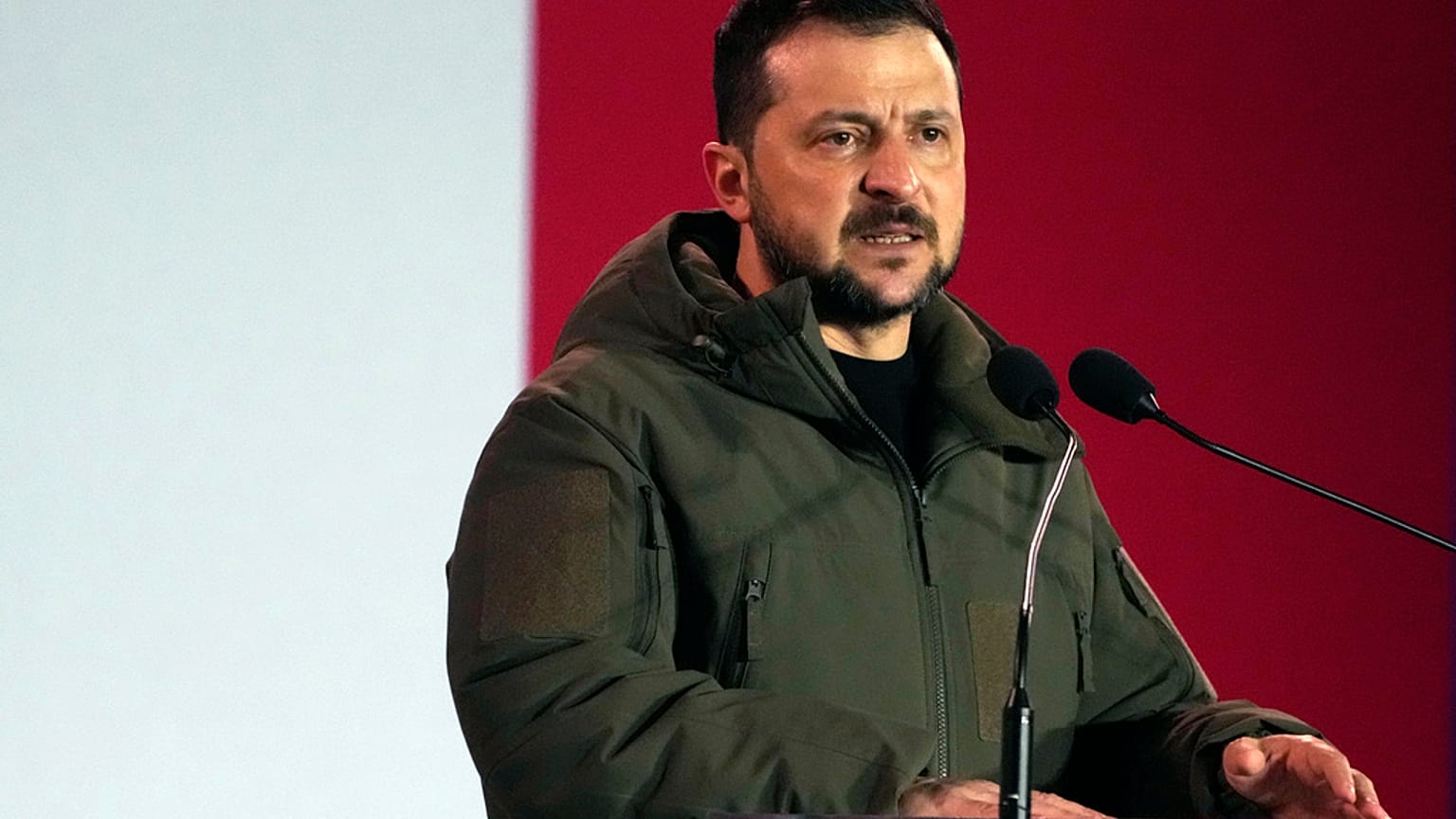 FILE - Ukrainian President Volodymyr Zelenskyy holds a speech during his visit to Warsaw, Poland, April 5, 2023. 