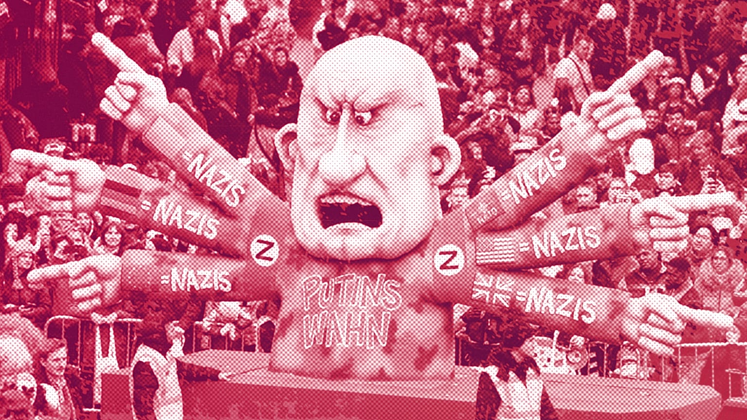 A carnival float depicts Russia's President Vladimir Putin calling everyone else a Nazi during the traditional carnival parade in Düsseldorf, February 2023