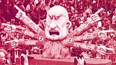 A carnival float depicts Russia's President Vladimir Putin calling everyone else a Nazi during the traditional carnival parade in Düsseldorf, February 2023