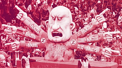 A carnival float depicts Russia's President Vladimir Putin calling everyone else a Nazi during the traditional carnival parade in Düsseldorf, February 2023