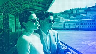 An illustration of a young couple enjoying their vacation in the Mediterranean