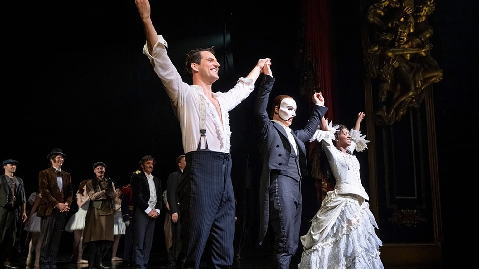 "The Phantom of the Opera" cast appear at the curtain call following the final Broadway performance at the Majestic Theatre on Sunday, April 16, 2023, in New York.