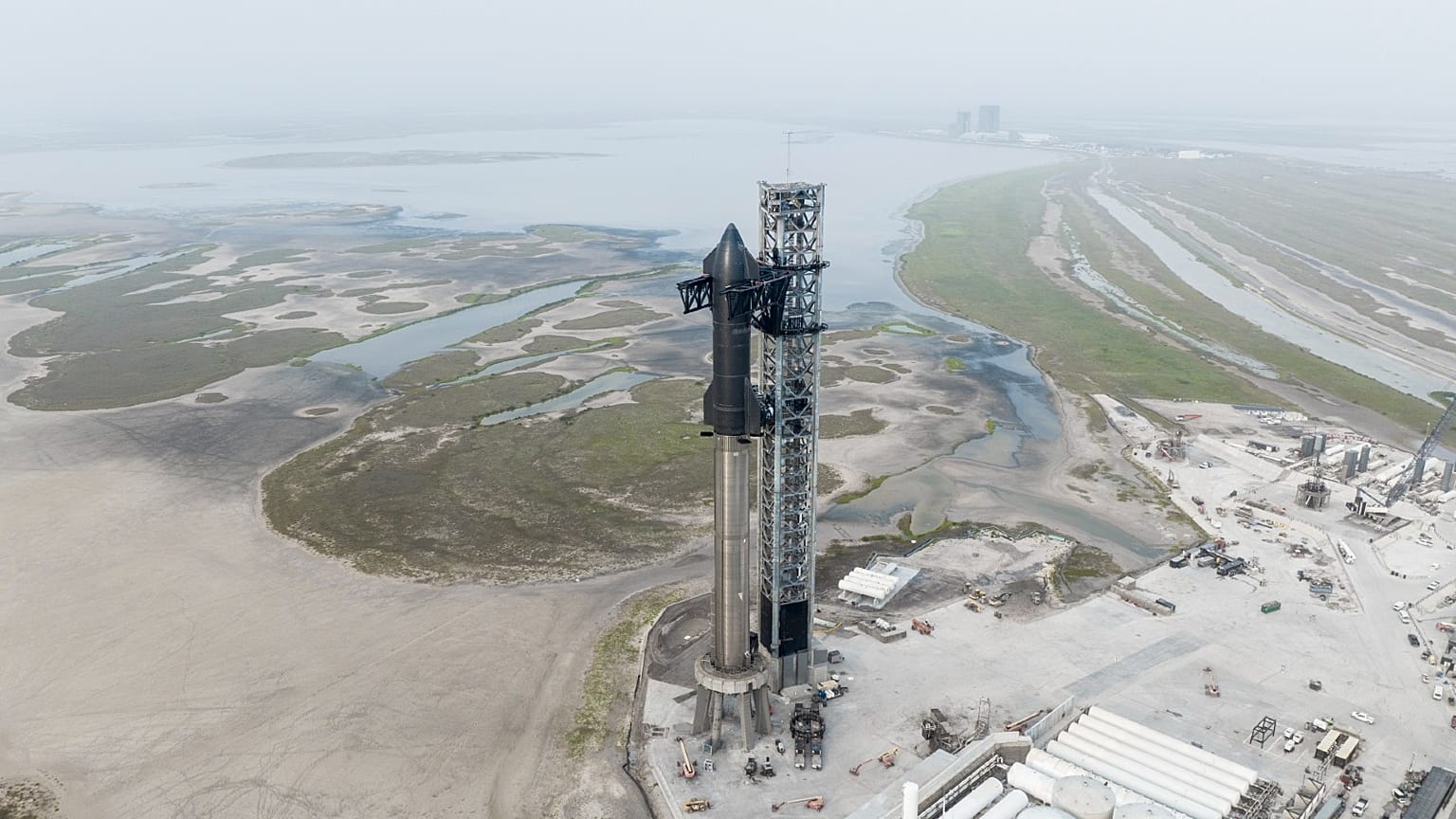 This undated photo provided by SpaceX shows the company's Starship rocket at the launch site in Boca Chica, Texas, USA.