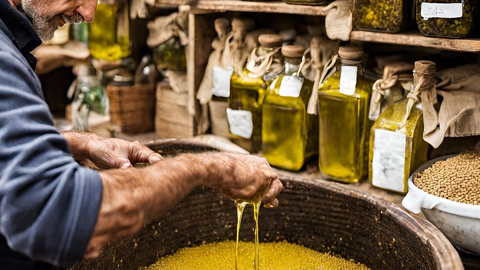 Μια εικόνα που δημιουργήθηκε με τεχνητή νοημοσύνη δείχνει έναν φανταστικό πωλητή να αναμειγνύει σπόρους ελιάς με ελαιόλαδο