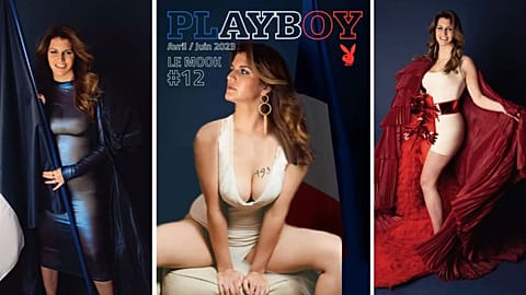 The controversial Playboy issue - and the fake cover (centre) - featuring minister Marlène Schiappa