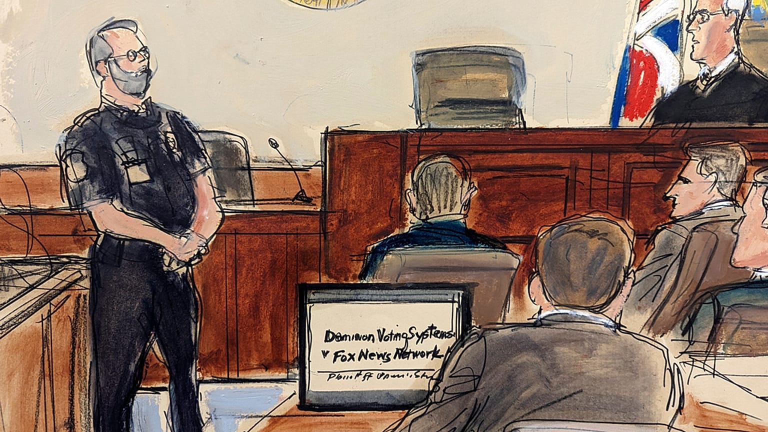 This artist sketch depicts Judge Eric Davis telling the jury they are dismissed after Fox News and Dominion Voting Systems settled. 