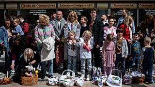 Ukrainian refugees during celebration of the Orthodox Easter in Budapest, Sunday, April 16, 2023.