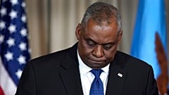US Defense Secretary Lloyd Austin looks down during a press conference as part of the meeting of the 'Ukraine Defense Contact Group' at Ramstein Air Base in Ramstein, Germany.