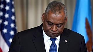 US Defense Secretary Lloyd Austin looks down during a press conference as part of the meeting of the 'Ukraine Defense Contact Group' at Ramstein Air Base in Ramstein, Germany.