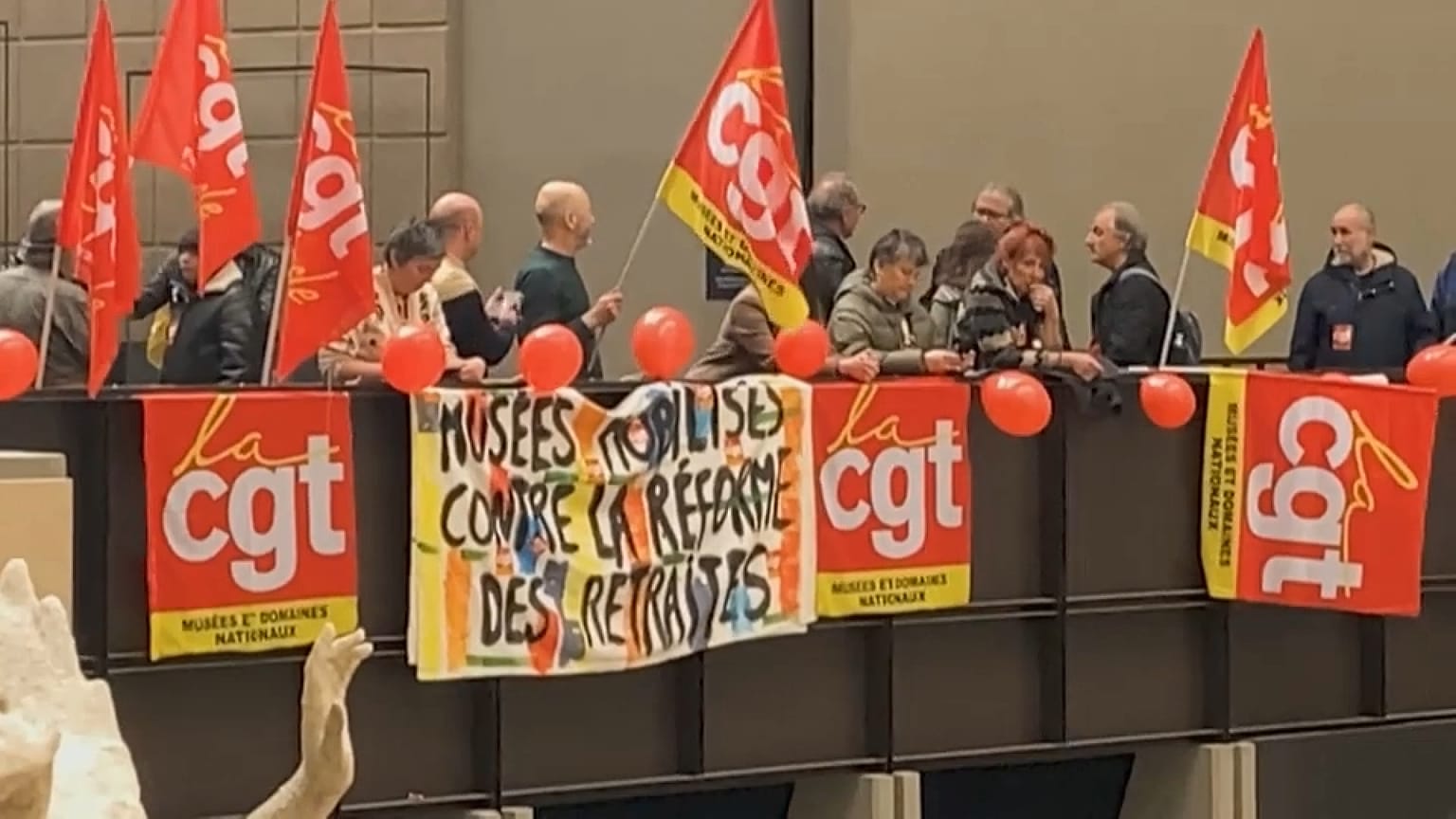 Protesters rallied inside of Orsay Museum in Paris on Friday, April, 21, 2023.