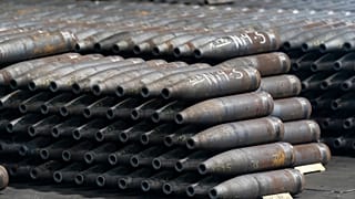 FILE: 155 mm M795 artillery projectiles are stacked during manufacturing process at the Scranton Army Ammunition Plant in Scranton, Pa., Thursday, April 13, 2023.