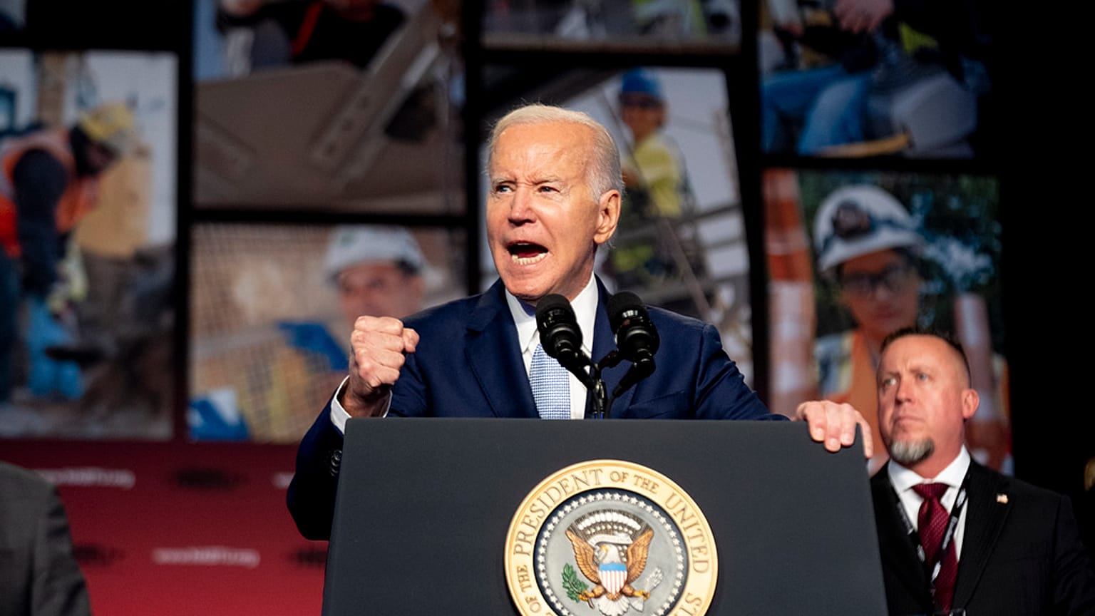 President Joe Biden speaks at the North America's Building Trades Union National Legislative Conference at the Washington Hilton in Washington, Tuesday, April 25, 2023.