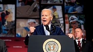 President Joe Biden speaks at the North America's Building Trades Union National Legislative Conference at the Washington Hilton in Washington, Tuesday, April 25, 2023.