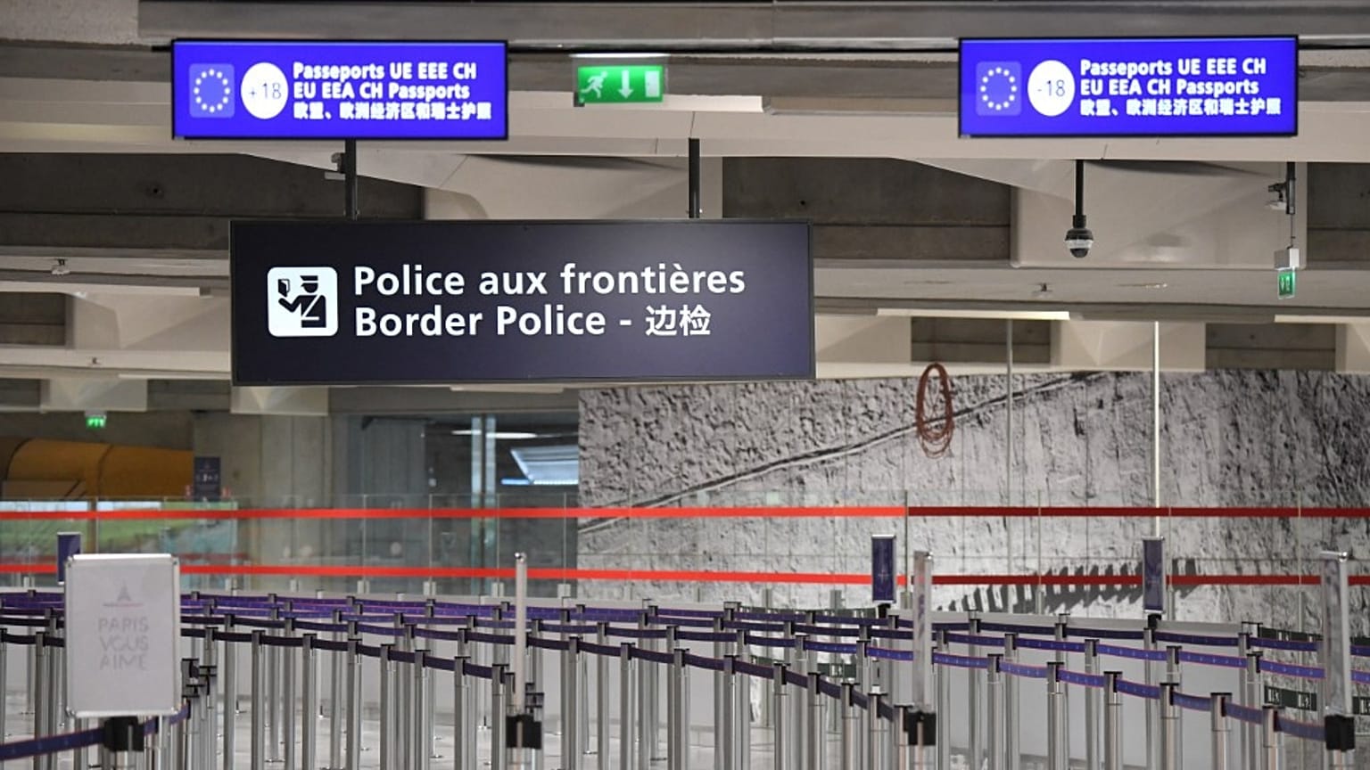 Border police control points at Roissy-Charles de Gaulle Airport, north of Paris.