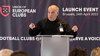 La Liga President Javier Tebas at the Union of European Clubs launch event in Brussels on 24th March