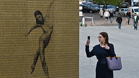 Installation of "Unbroken" by Felipe Jacome and Svitlana Onipko set outside National Opera of Ukraine building in Kyiv on April 25, 2023.