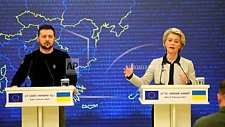 Ukrainian President Volodymyr Zelenskyy, left, and European Commission President Ursula von der Leyen address a media conference after the EU-Ukraine summit in Kyiv, Ukraine,