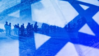 Israeli demonstrators are seen through the national flag during a protest against plans by PM Benjamin Netanyahu's government to overhaul the judicial system, March 2023