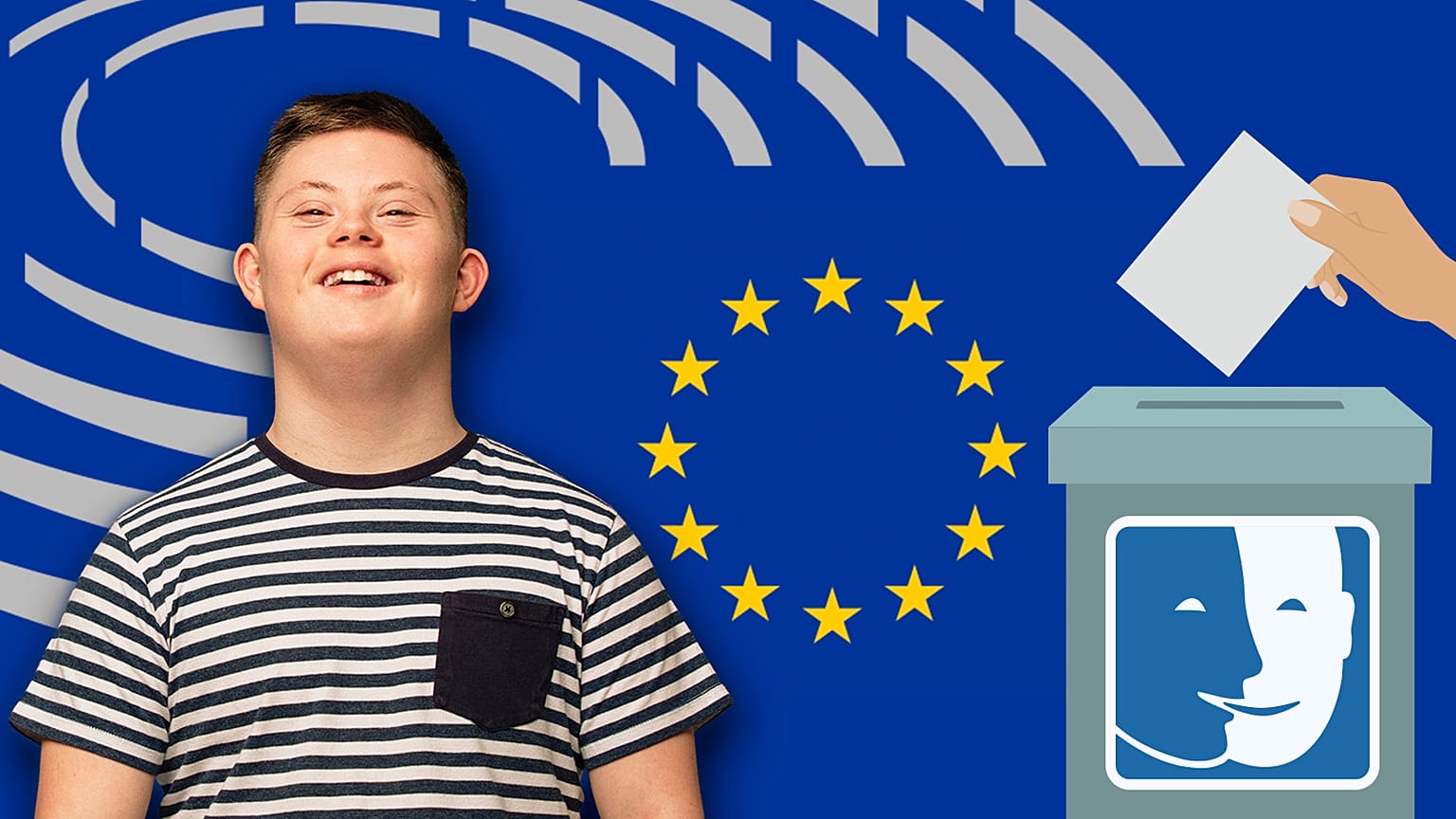Composite image showing a person with Down Syndrome and a ballot box.