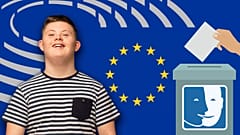 Composite image showing a person with Down Syndrome and a ballot box.